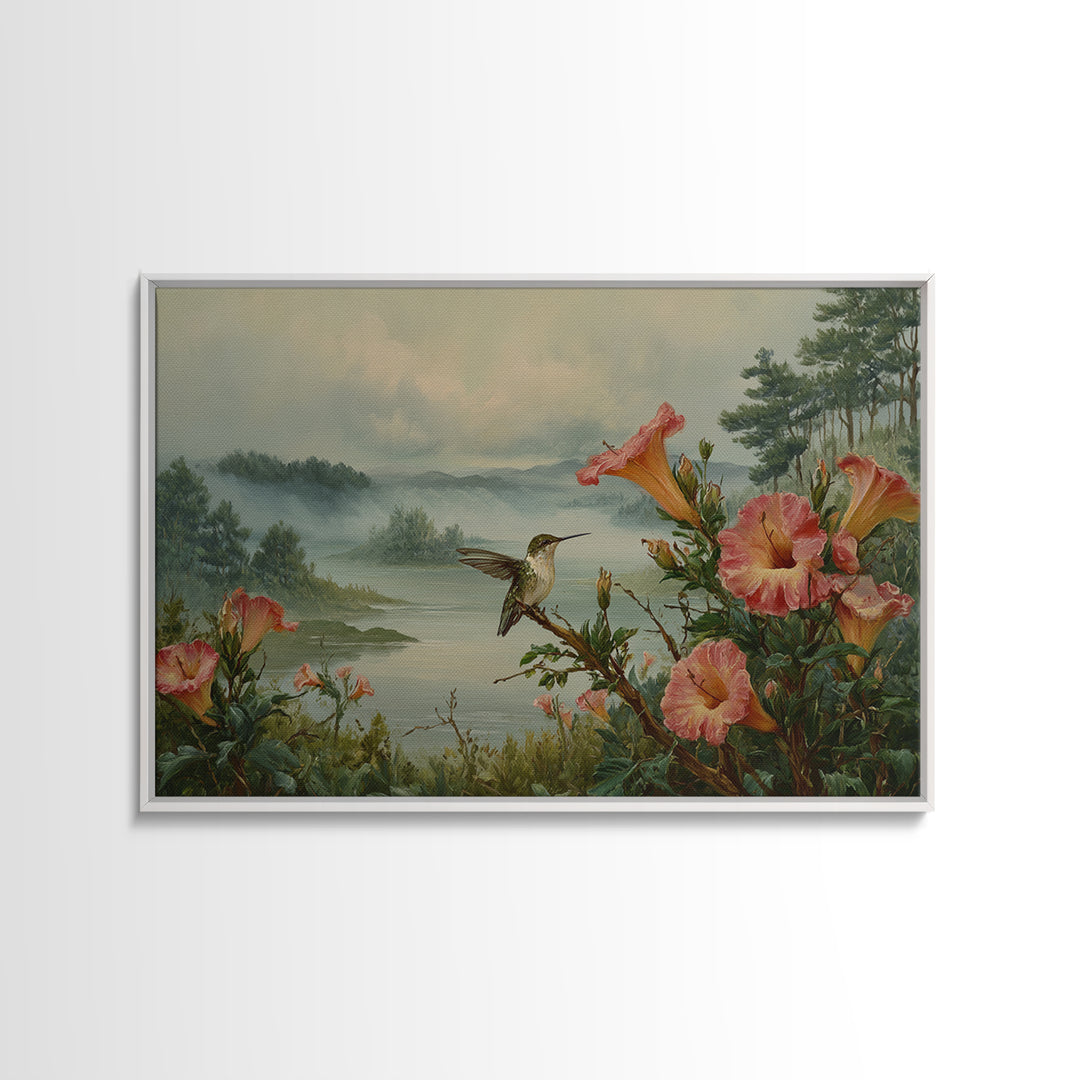 Hummingbird Beside Bright Trumpet Flowers Canvas Print, Nature Art, Living Room Decor, Watercolor Art, Nature, Ocean Art, NAT-3x2-16