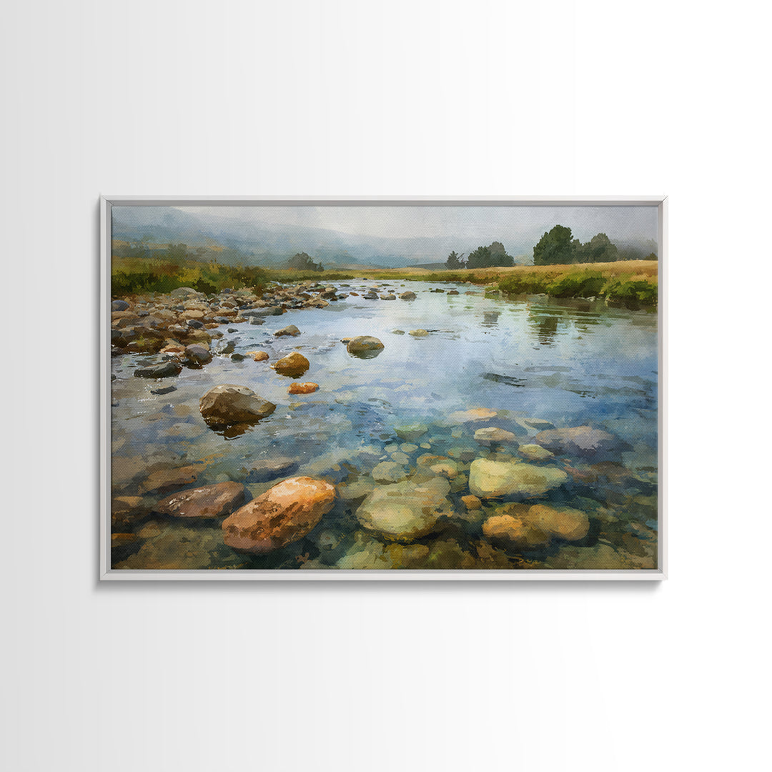 River Stones under Clear Shallow Water Canvas Print, Nature Art, Watercolor Painting, Living Room Decor, Fine Art, Nature, NAT-3x2-17