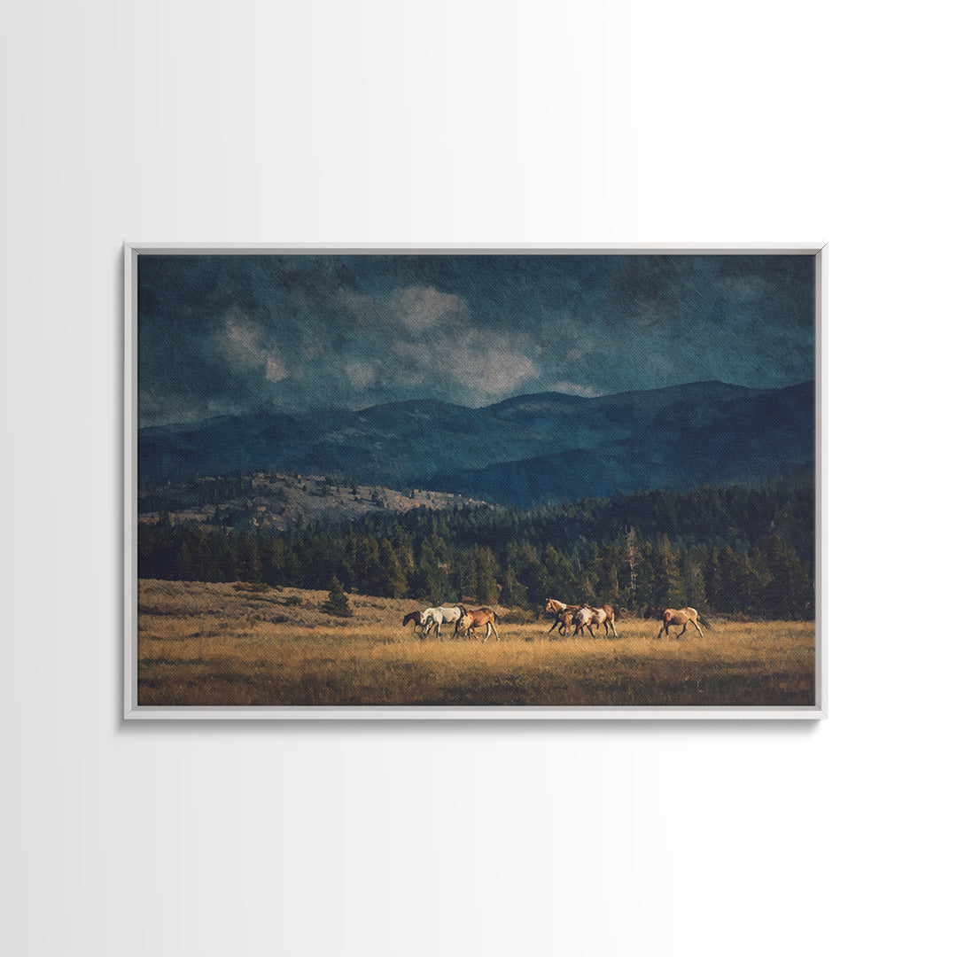 Wild Horses Running Near Mountain Ridge Framed Canvas Print, Nature Art, Wall Decor, Living Room Decor, Fine Art, Nature, NAT-3x2-2