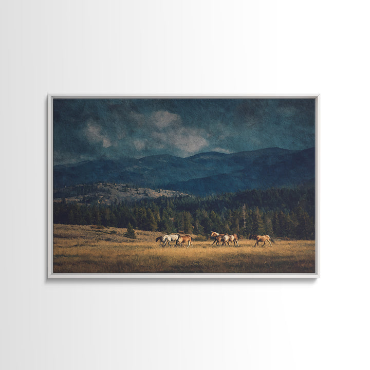 Wild Horses Running Near Mountain Ridge Framed Canvas Print, Nature Art, Wall Decor, Living Room Decor, Fine Art, Nature, NAT-3x2-2