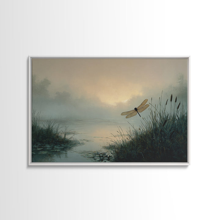 Dragonfly over a Pond with Reeds Canvas Print, Nature Art, Original Painting, Living Room Decor, Oil Painting, Nature, NAT-3x2-22