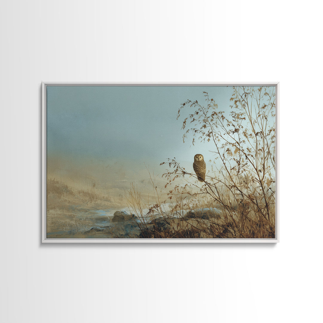 Owl in Moonlit Branches Framed Canvas Print, Nature Art, Watercolor Painting, Living Room Decor, Oil Painting, Nature, NAT-3x2-23