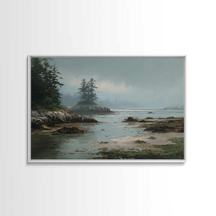 Calm Beach Tide Pooling Around Rocks Framed Canvas Print, Nature Art, Artwork, Living Room Decor, Nature, Landscape Art, NAT-3x2-28