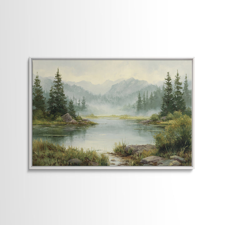 Misty Mountain Lake Canvas Print, Nature Art, Stained Glass Art, Living Room Decor, Nature, Modern Decor, Fine Art Print, NAT-3x2-33