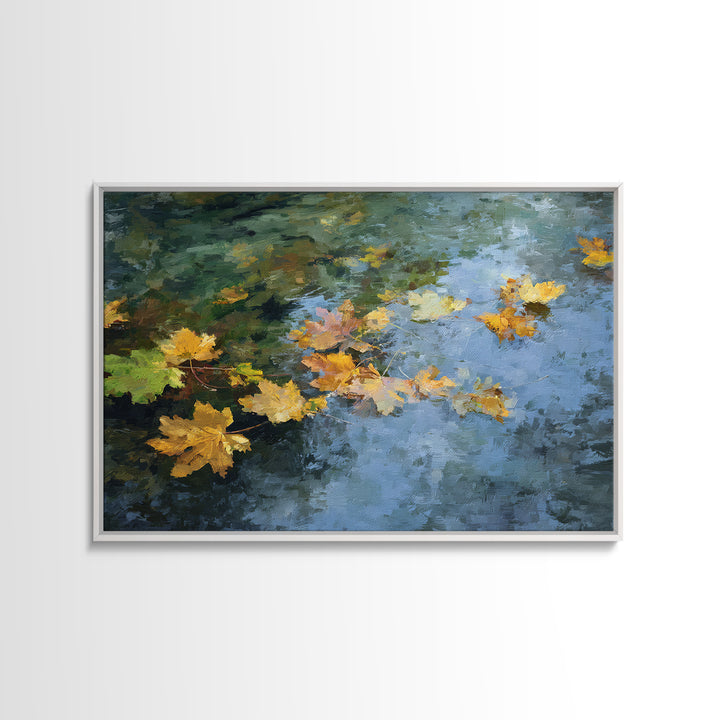 Autumn Leaves Floating on Quiet Stream Canvas Print, Nature Art, Modern Wall Art, Living Room Decor, Watercolor Art, Nature, NAT-3x2-34