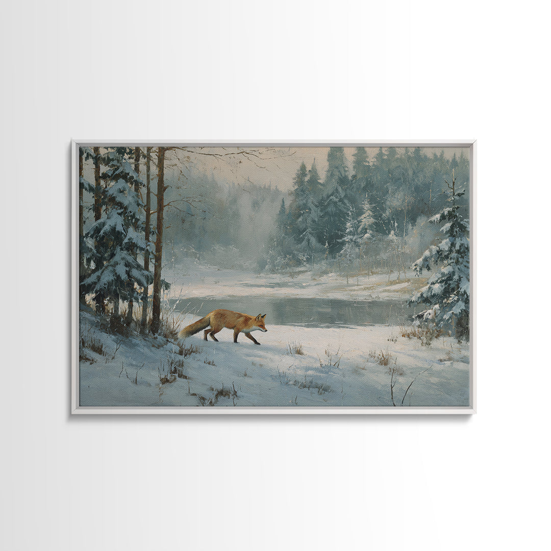 Fox Crossing a Snowy Forest Clearing Canvas Print, Nature Art, Wood Wall Art, Living Room Decor, Nature, Digital Download Art, NAT-3x2-38