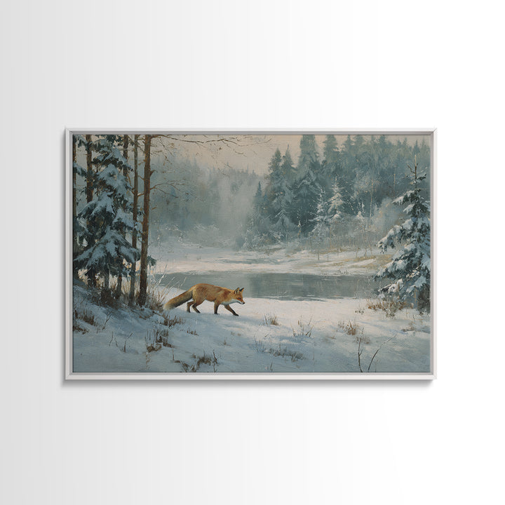 Fox Crossing a Snowy Forest Clearing Canvas Print, Nature Art, Wood Wall Art, Living Room Decor, Nature, Digital Download Art, NAT-3x2-38