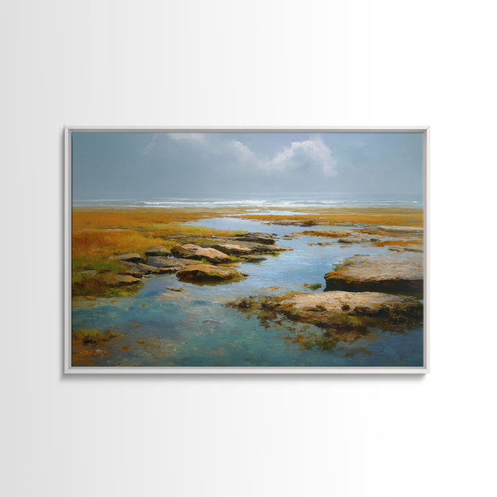 Calm Beach Tide Pooling Around Rocks Canvas Print, Nature Art, Living Room Decor, Oil Painting, Nature, Modern Wall Art, NAT-3x2-4