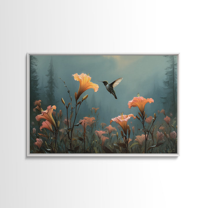 Hummingbird Beside Bright Trumpet Flowers Canvas Print, Nature Art, Living Room Wall Art, Living Room Decor, Nature, NAT-3x2-40