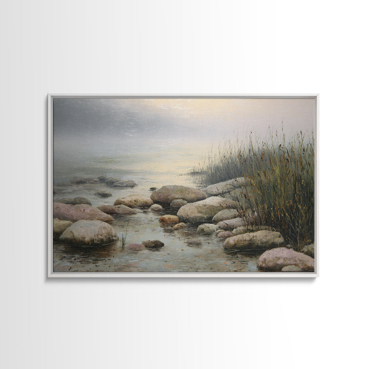 River Stones under Clear Shallow Water Framed Canvas Print, Nature Art, Moss Art, Living Room Decor, Watercolor Art, Nature, NAT-3x2-41