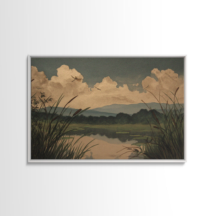 Dragonfly over a Pond with Reeds Framed Canvas Print, Nature Art, Abstract Wall Art, Living Room Decor, Fine Art, Nature, NAT-3x2-46