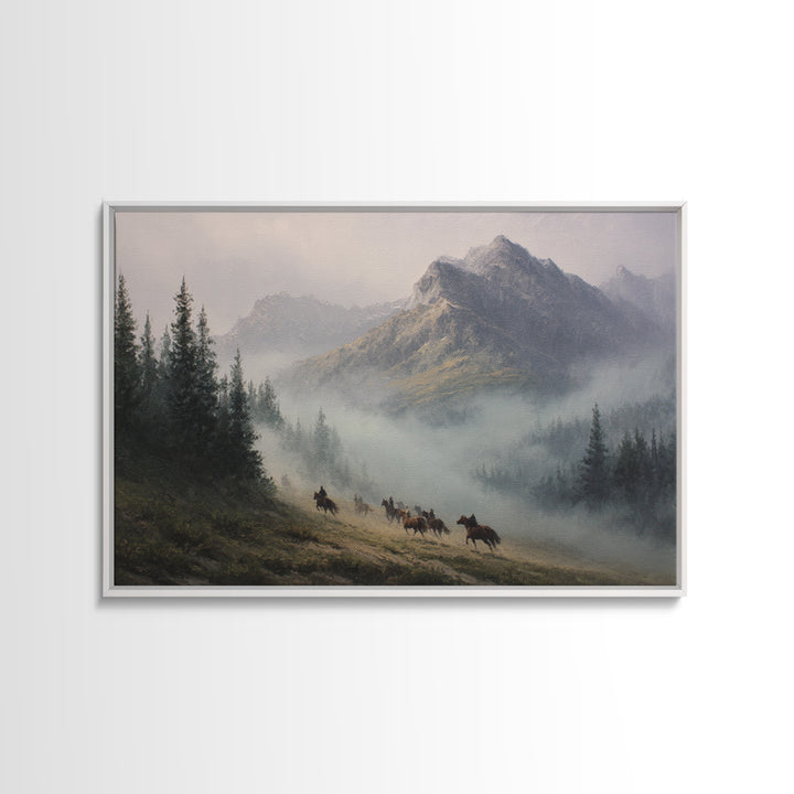 Wild Horses Running Near Mountain Ridge Framed Canvas Print, Nature Art, 3d Wall Art, Living Room Decor, Fine Art, Nature, NAT-3x2-50