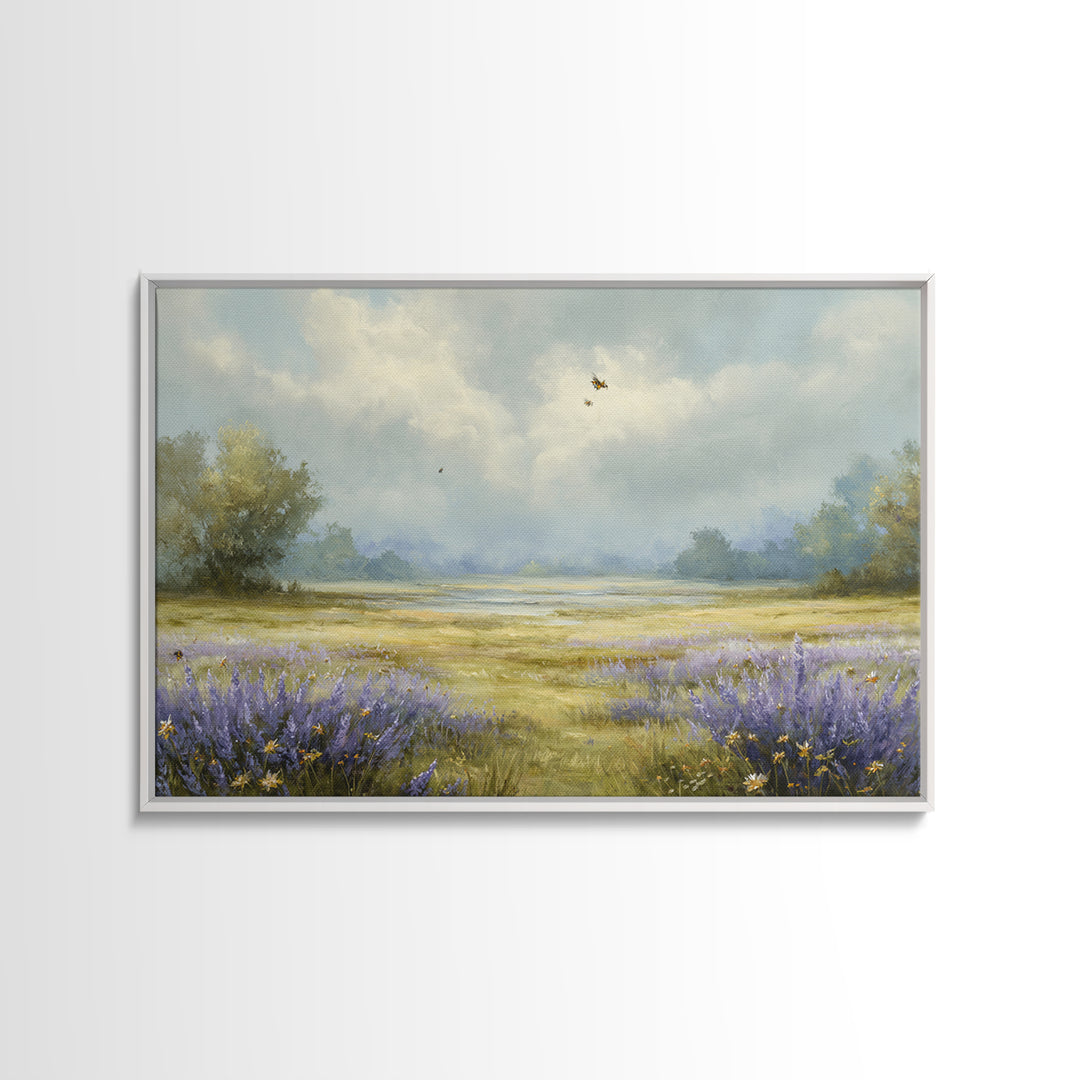 Bees Circling Lavender Blossoms Canvas Print, Nature Art, Digital Download Art, Living Room Decor, Nature, Luxury Decor, NAT-3x2-51