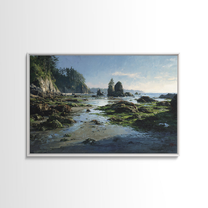 Calm Beach Tide Pooling Around Rocks Canvas Print, Nature Art, Watercolor Painting, Living Room Decor, Abstract Art, Nature, NAT-3x2-52