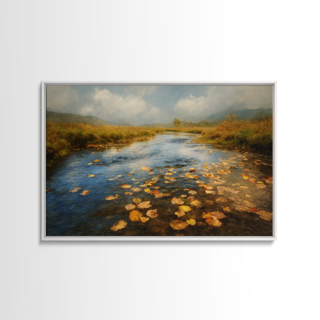 Autumn Leaves Floating on Quiet Stream Canvas Print, Nature Art, Modern Wall Art, Living Room Decor, Watercolor Art, Nature, NAT-3x2-58