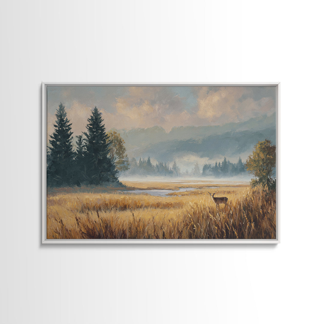 Deer Standing in a Golden Field Framed Canvas Print, Nature Art, Mountain Art, Living Room Decor, Nature, Minimalist Decor, NAT-3x2-60