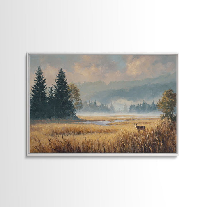 Deer Standing in a Golden Field Framed Canvas Print, Nature Art, Mountain Art, Living Room Decor, Nature, Minimalist Decor, NAT-3x2-60