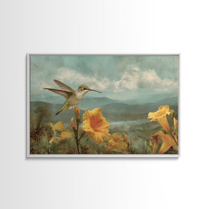 Hummingbird Beside Bright Trumpet Flowers Framed Canvas Print, Nature Art, Gallery Decor, Living Room Decor, Fine Art, Nature, NAT-3x2-64