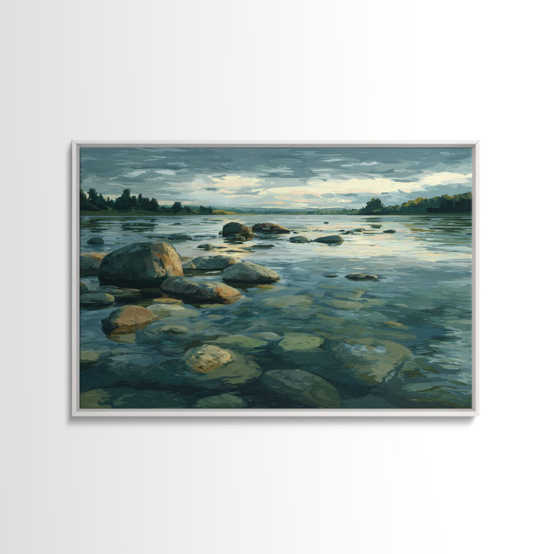 River Stones under Clear Shallow Water Framed Canvas Print, Nature Art, Moss Art, Living Room Decor, Watercolor Art, Nature, NAT-3x2-65