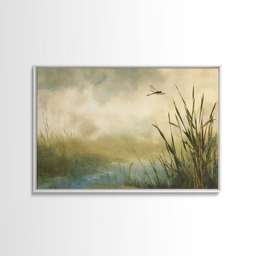 Dragonfly over a Pond with Reeds Framed Canvas Print, Nature Art, Abstract Wall Art, Living Room Decor, Fine Art, Nature, NAT-3x2-70