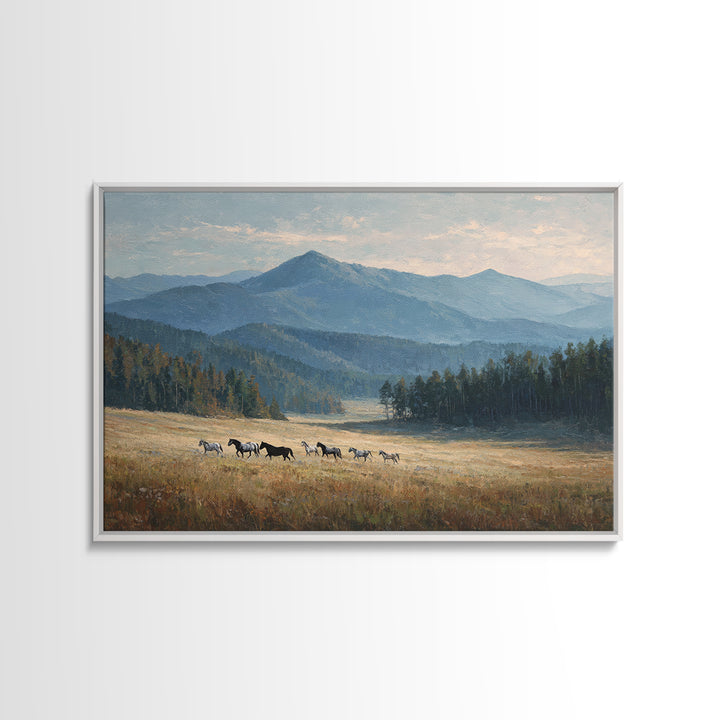 Wild Horses Running Near Mountain Ridge Framed Canvas Print, Nature Art, 3d Wall Art, Living Room Decor, Fine Art, Nature, NAT-3x2-74