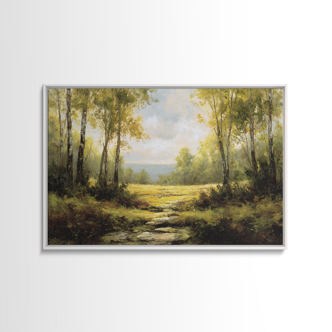 Sunlit Forest Path Framed Canvas Print, Nature Art, Gallery Decor, Living Room Decor, Fine Art, Nature, Contemporary Art, NAT-3x2-77