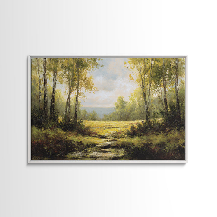 Sunlit Forest Path Framed Canvas Print, Nature Art, Gallery Decor, Living Room Decor, Fine Art, Nature, Contemporary Art, NAT-3x2-77