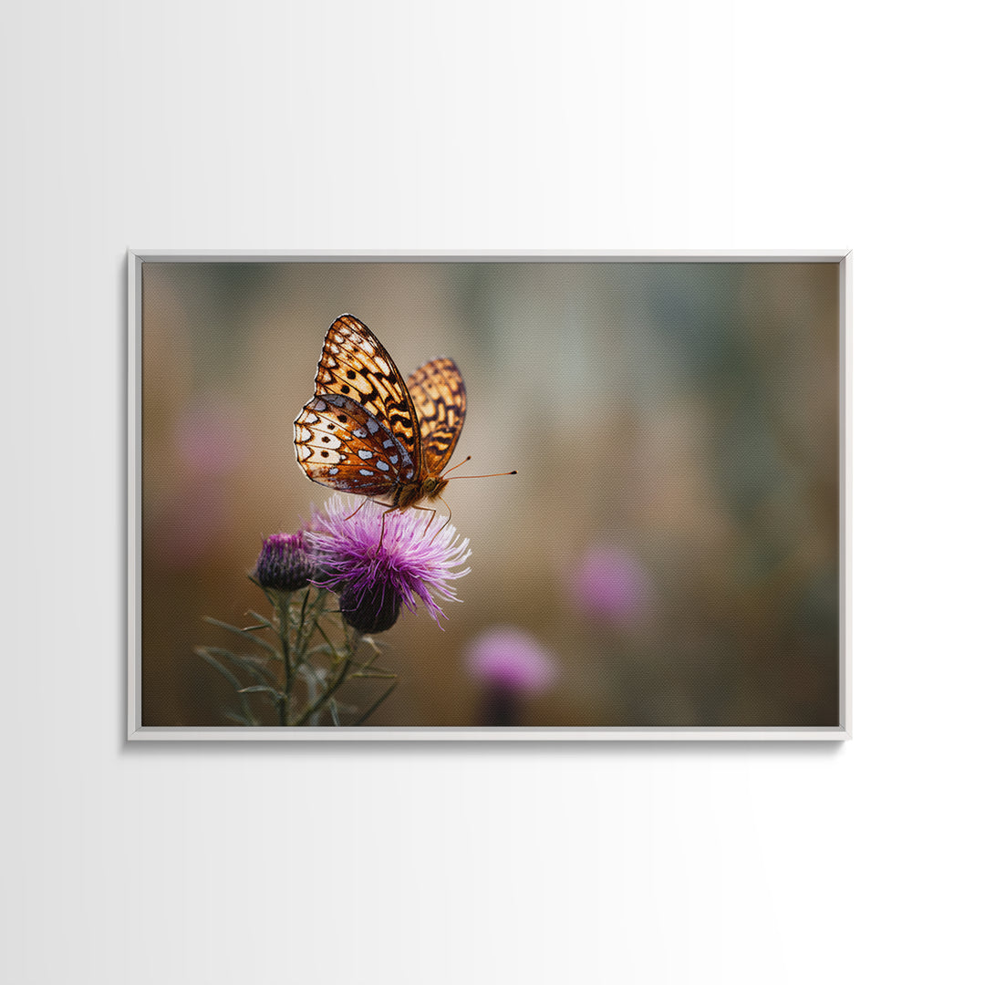 Butterfly Resting on a Blooming Thistle Framed Canvas Print, Nature Art, Framed Art, Living Room Decor, Oil Painting, Nature, NAT-3x2-8