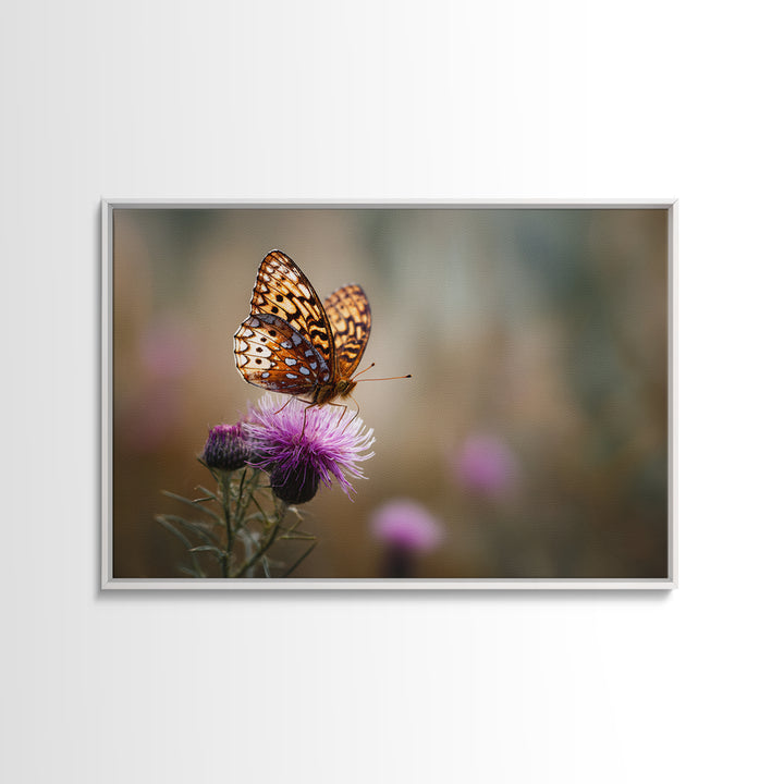 Butterfly Resting on a Blooming Thistle Framed Canvas Print, Nature Art, Framed Art, Living Room Decor, Oil Painting, Nature, NAT-3x2-8