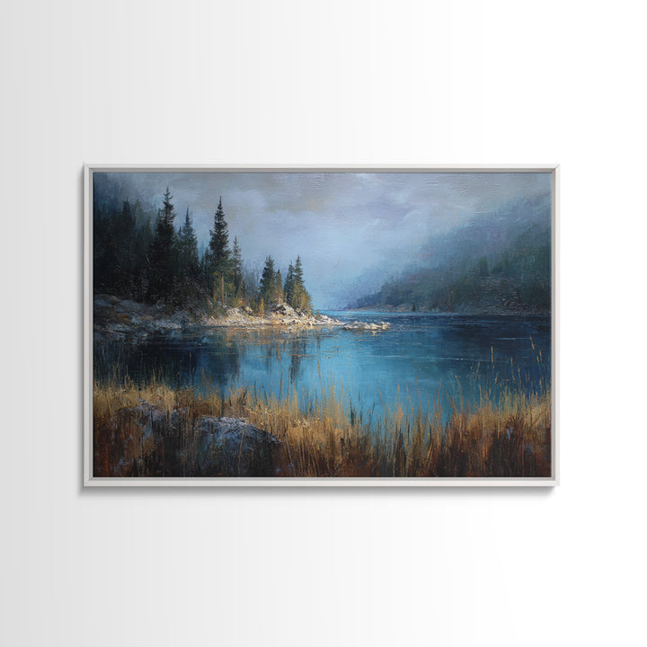Misty Mountain Lake Framed Canvas Print, Nature Art, Ocean Art, Living Room Decor, Fine Art, Nature, Art Print, NAT-3x2-81