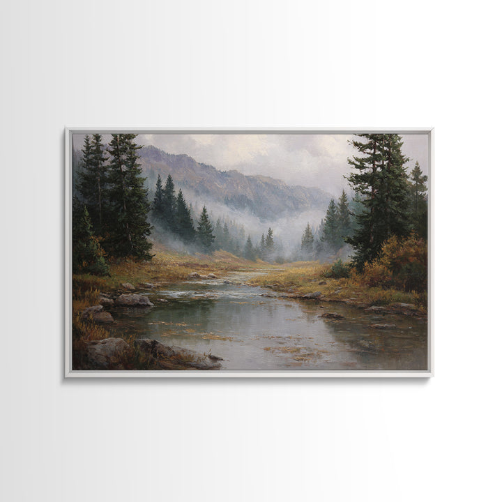 Autumn Leaves Floating on Quiet Stream Framed Canvas Print, Nature Art, Landscape Art, Living Room Decor, Oil Painting, Nature, NAT-3x2-82