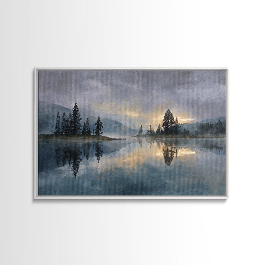Misty Mountain Lake Framed Canvas Print, Nature Art, Abstract Wall Art, Living Room Decor, Oil Painting, Nature, Bird Wall Art, NAT-3x2-9