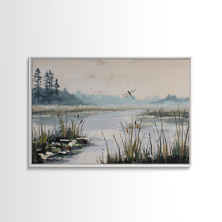 Dragonfly over a Pond with Reeds Canvas Print, Nature Art, Stained Glass Art, Living Room Decor, Abstract Art, Nature, NAT-3x2-94