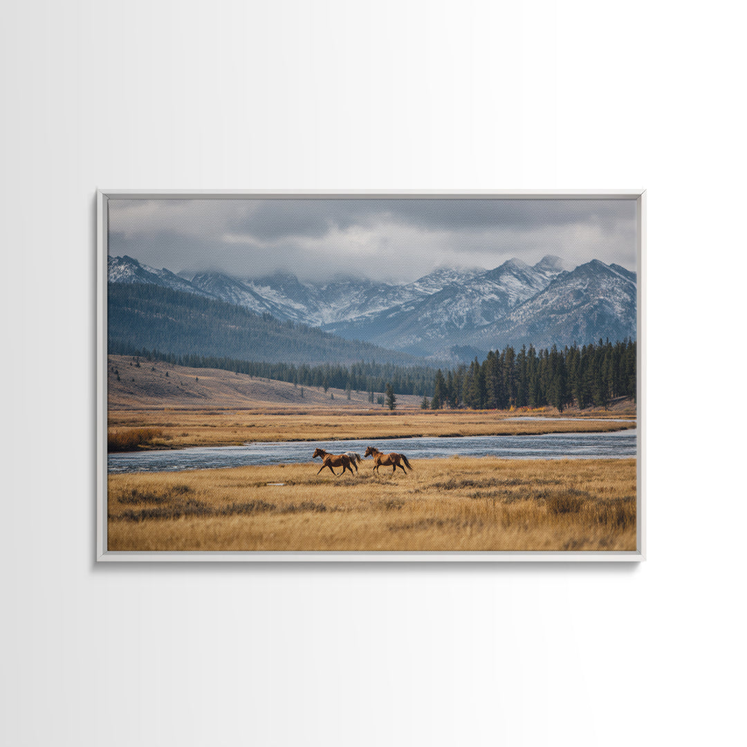 Wild Horses Running Near Mountain Ridge Canvas Print, Nature Art, Mountain Wall Art, Living Room Decor, Oil Painting, Nature, NAT-3x2-98