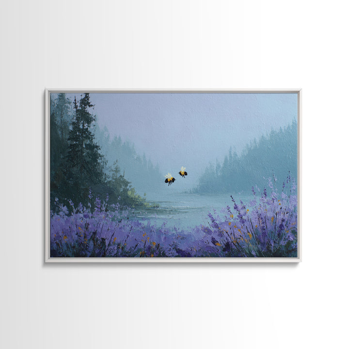 Bees Circling Lavender Blossoms Framed Canvas Print, Nature Art, Minimalist Decor, Living Room Decor, Fine Art, Nature, NAT-3x2-99