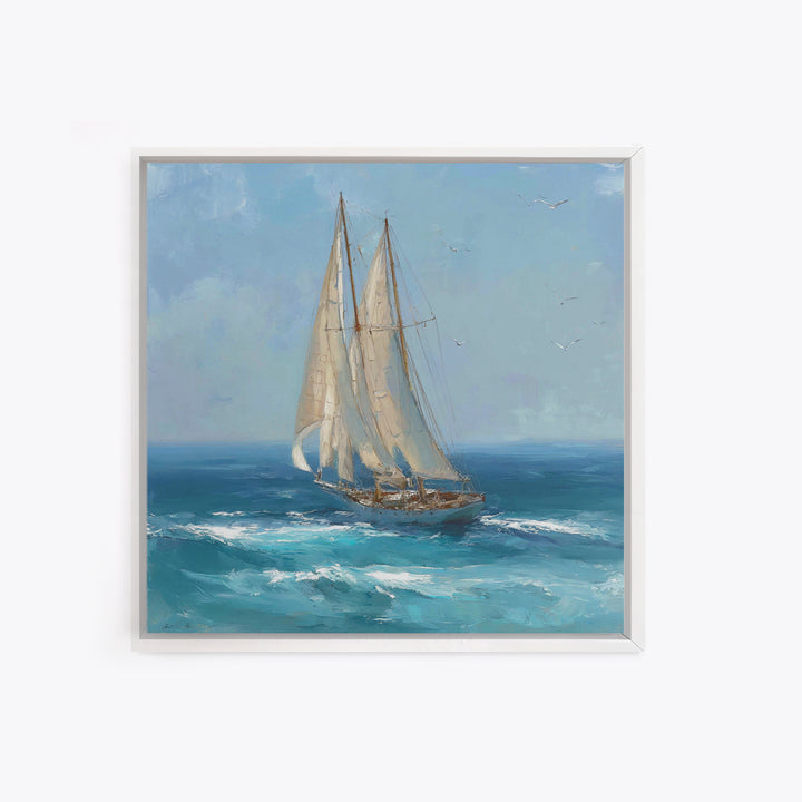 Sailboat Leaning into Wind on Blue Water Framed Canvas Print, Nautical Art, Modern Decor, Coastal Decor, Fine Art, Harbor, NAU-1x1-1