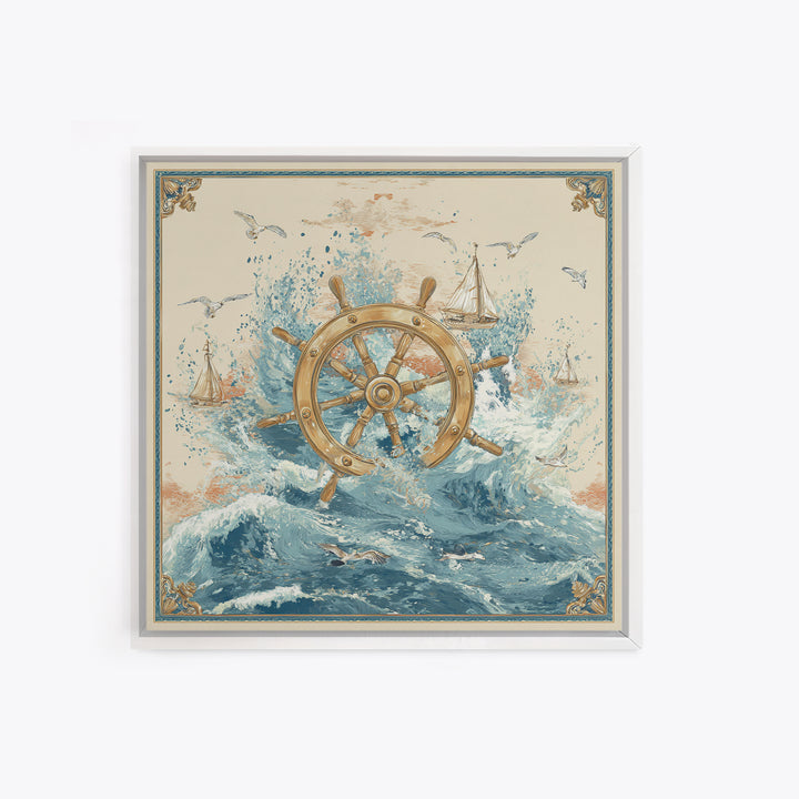 Ship Wheel with Sea Spray Background Framed Canvas Print, Nautical Art, Nautical, Coastal Decor, Fine Art, Harbor, Modern Decor, NAU-1x1-39