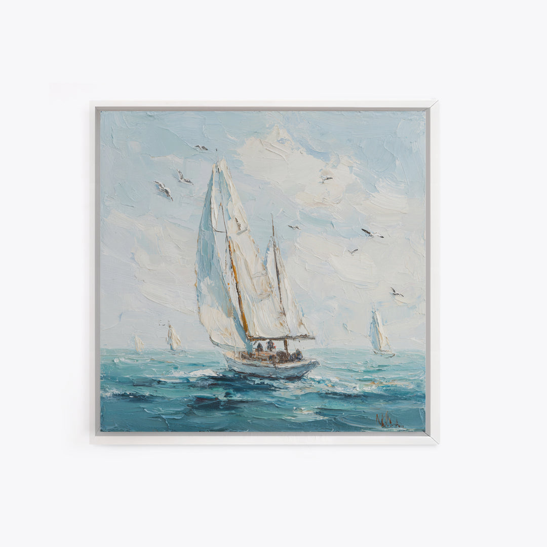 Classic Yacht Racing Through Whitecaps Framed Canvas Print, Nautical Art, Coastal Decor, Oil Painting, Harbor, Fine Art Print, NAU-1x1-43