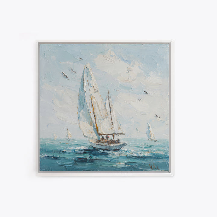 Classic Yacht Racing Through Whitecaps Framed Canvas Print, Nautical Art, Coastal Decor, Oil Painting, Harbor, Fine Art Print, NAU-1x1-43