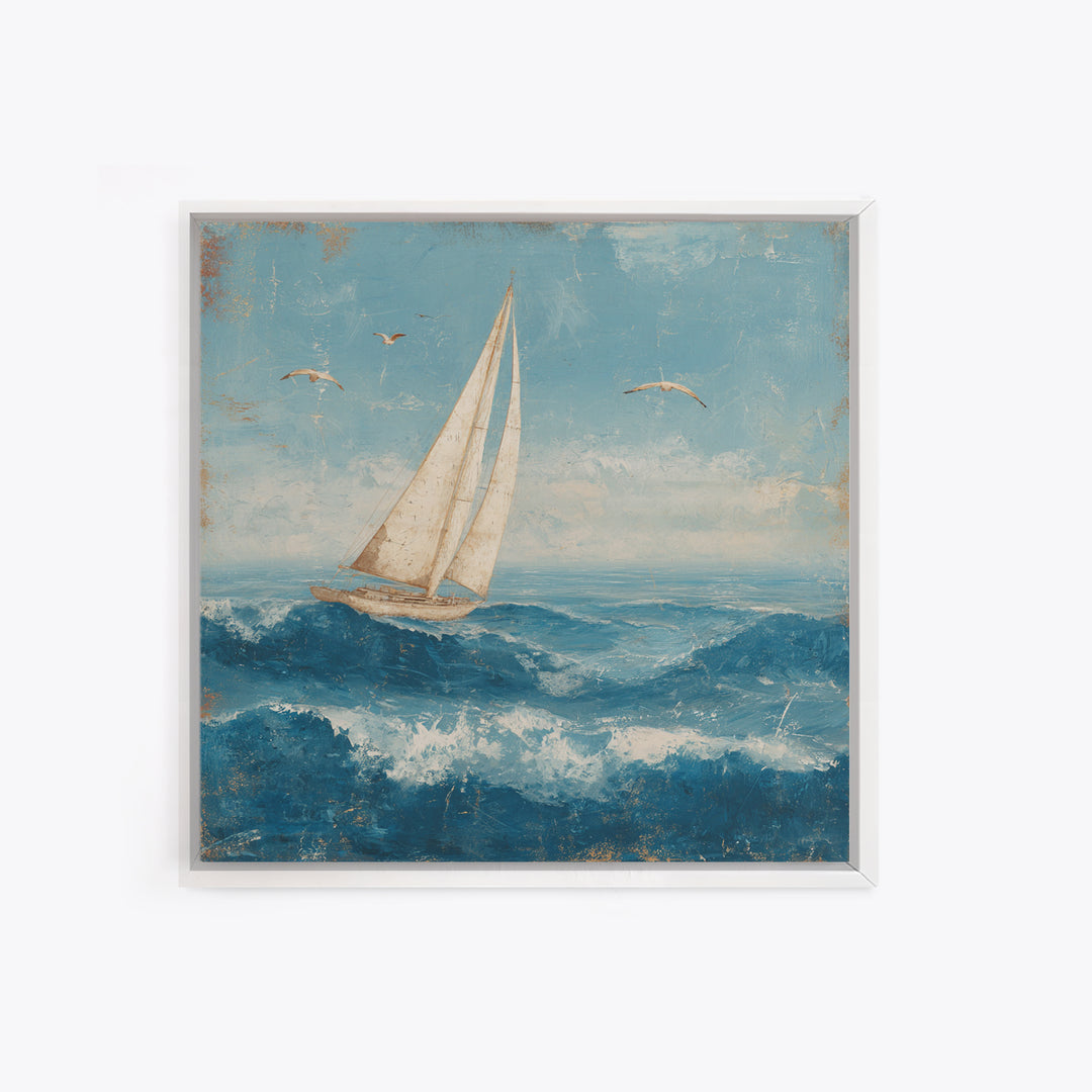 Sailboat Leaning into Wind on Blue Water Canvas Print, Nautical Art, Room Decor, Coastal Decor, Fine Art, Harbor, Printable, NAU-1x1-49