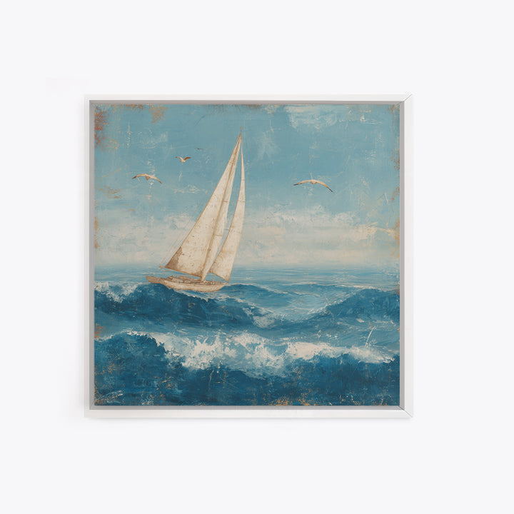 Sailboat Leaning into Wind on Blue Water Canvas Print, Nautical Art, Room Decor, Coastal Decor, Fine Art, Harbor, Printable, NAU-1x1-49