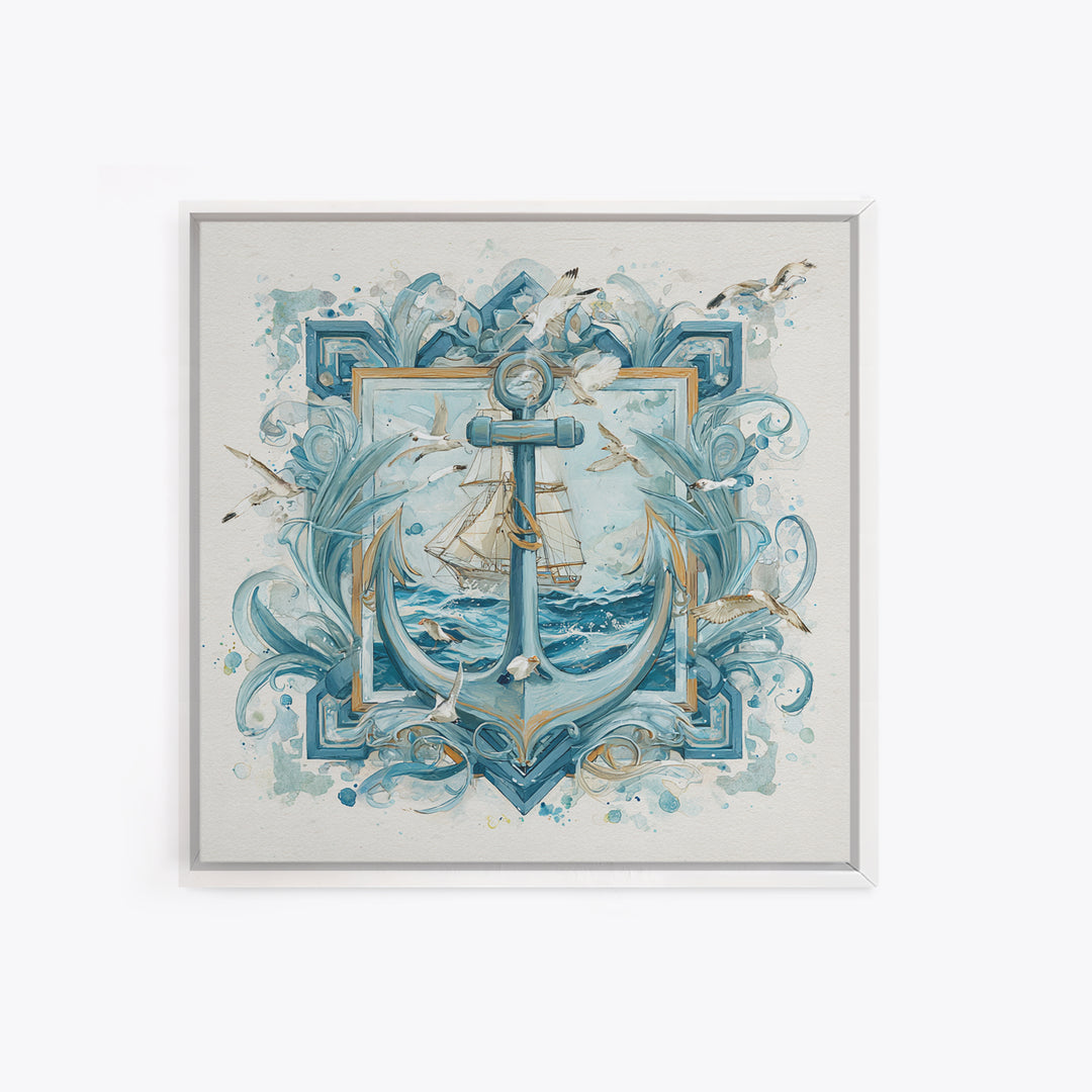 Anchor and Laurel Nautical Crest Without Text Framed Canvas Print, Nautical Art, Textured Painting, Coastal Decor, Harbor, NAU-1x1-53