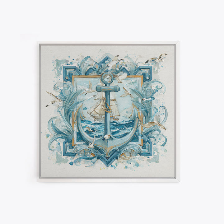 Anchor and Laurel Nautical Crest Without Text Framed Canvas Print, Nautical Art, Textured Painting, Coastal Decor, Harbor, NAU-1x1-53