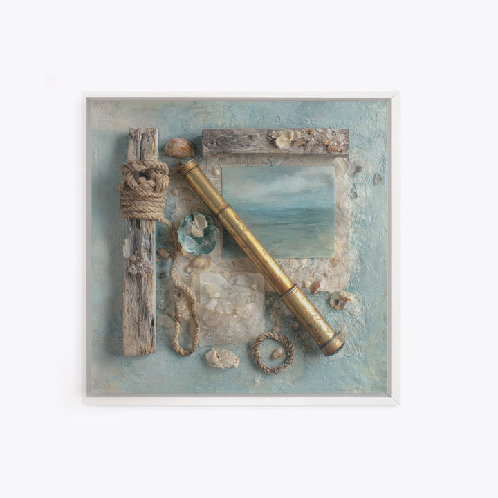 Brass Telescope and Old Map Still Life Framed Canvas Print, Nautical Art, Statement Artwork, Coastal Decor, Fine Art, Harbor, NAU-1x1-78