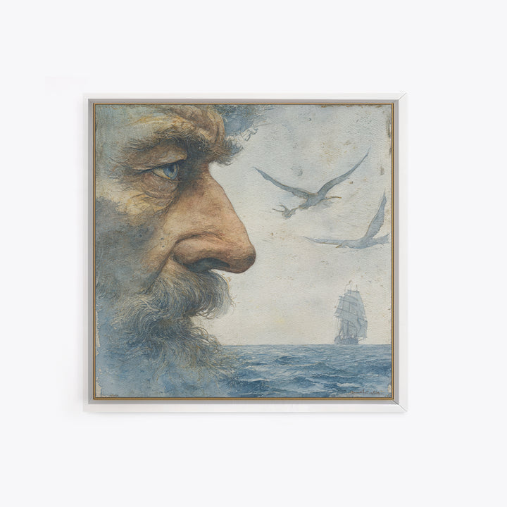 Sea Captain Portrait Framed Canvas Print, Nautical Art, Boho Decor, Coastal Decor, Fine Art, Harbor, Painting, Art Print, NAU-1x1-79