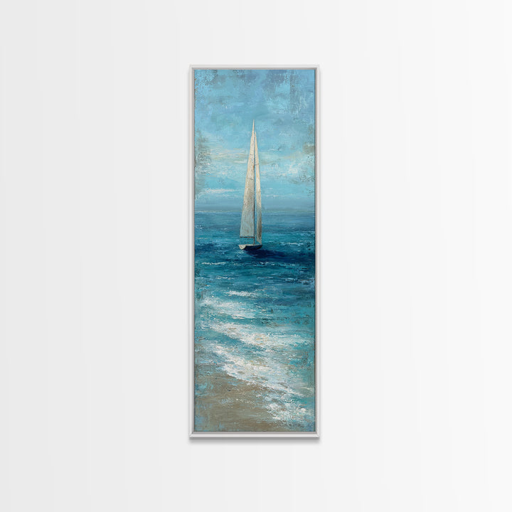 Sailboat Leaning into Wind on Blue Water Canvas Print, Nautical Art, Minimalist Decor, Coastal Decor, Fine Art, Harbor, NAU-1x3-13