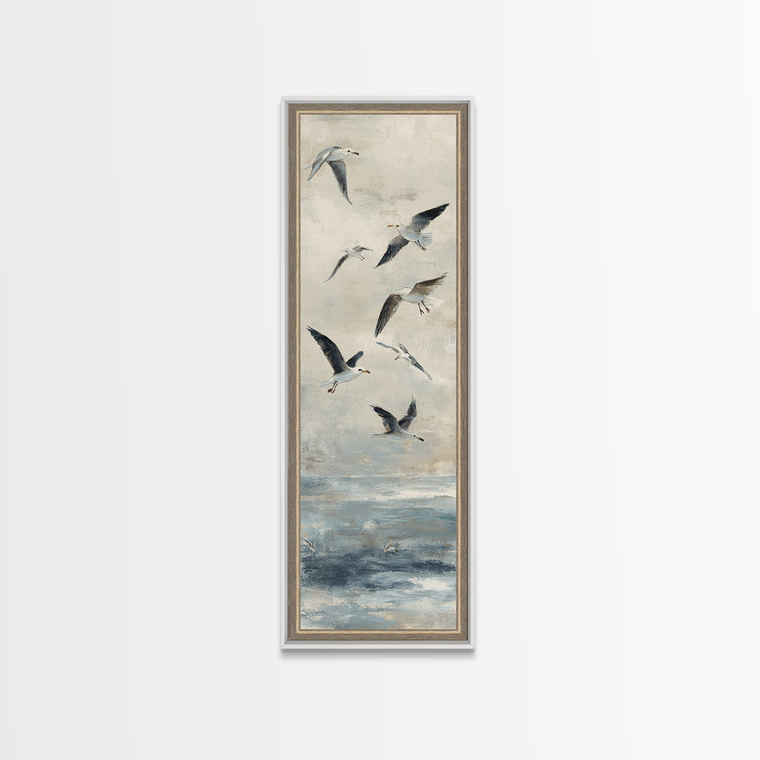 Coastal Gulls Flying Framed Canvas Print, Nautical Art, Textured Painting, Coastal Decor, Fine Art, Harbor, Printable Wall Art, NAU-1x3-29