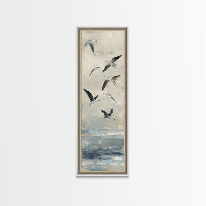 Coastal Gulls Flying Framed Canvas Print, Nautical Art, Textured Painting, Coastal Decor, Fine Art, Harbor, Printable Wall Art, NAU-1x3-29