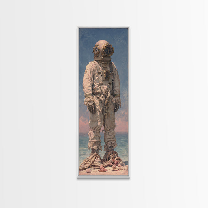 Deep Sea Diver Helmet Still Life Framed Canvas Print, Nautical Art, Ocean Art, Coastal Decor, Oil Painting, Harbor, NAU-1x3-30