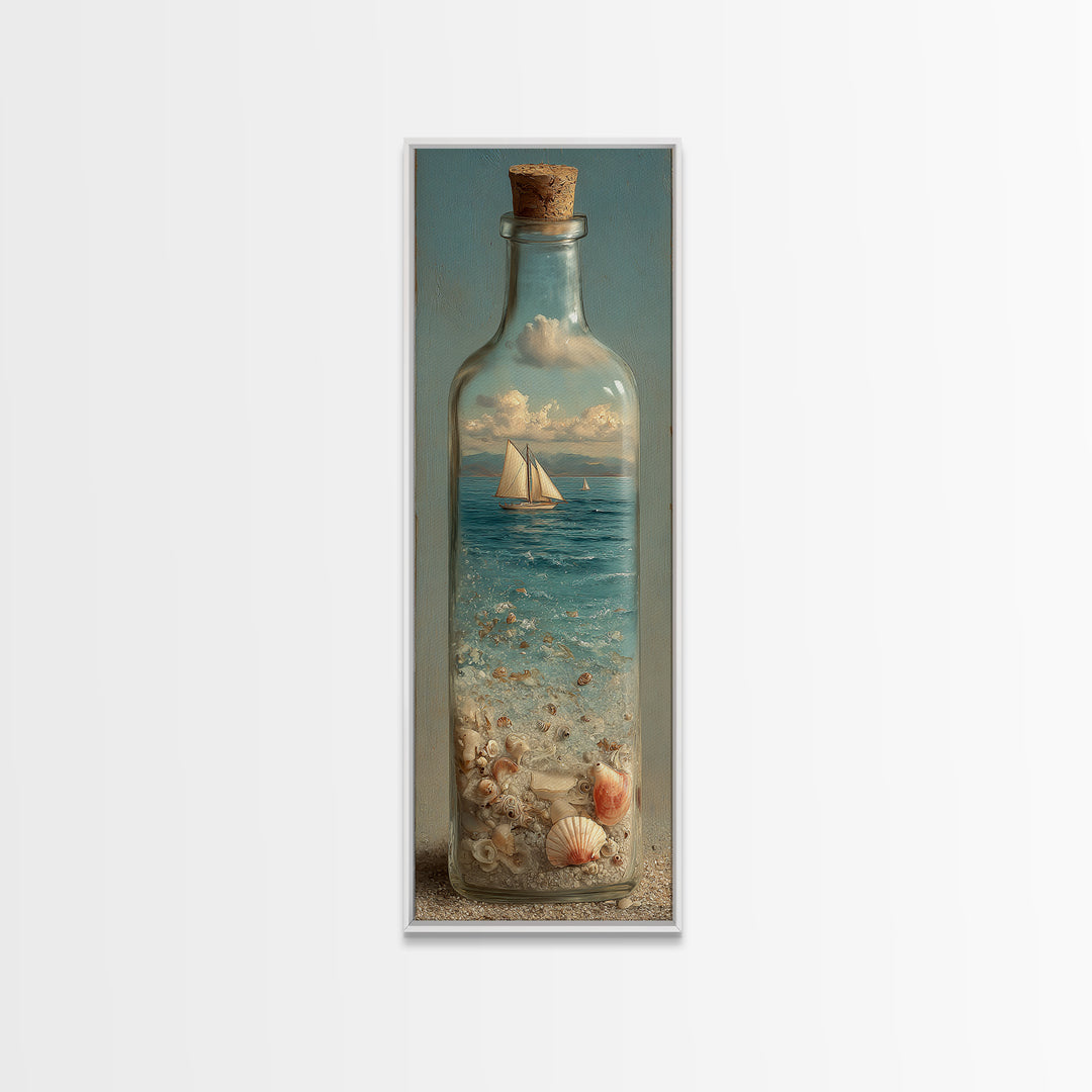 Bottle with Tiny Ship and Ocean Inside Framed Canvas Print, Nautical Art, Oil Painting, Coastal Decor, Fine Art, Harbor, NAU-1x3-52